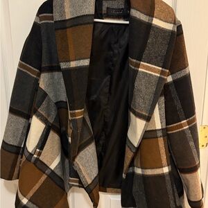 Chicwish Plaid Cape Jacket - Brown, Black, and Cream